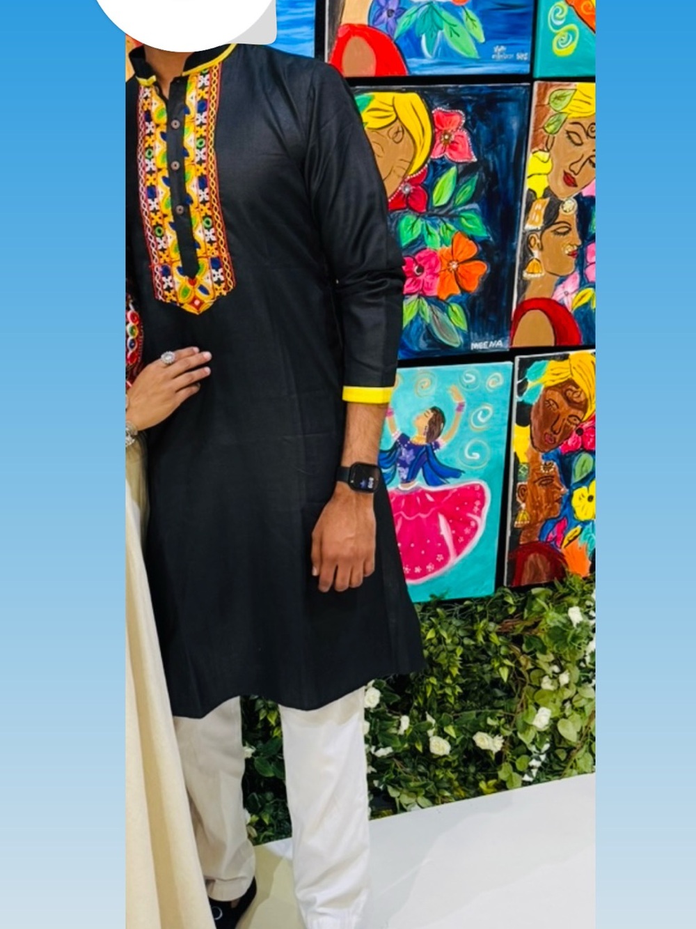 Black Kurta with Colorful Embroidered Placket